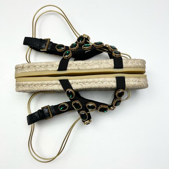GUCCI Emerald Crystal Embellished Espadrilles Sandals EU 40 US 10 Green Black - Picture 6 of 13